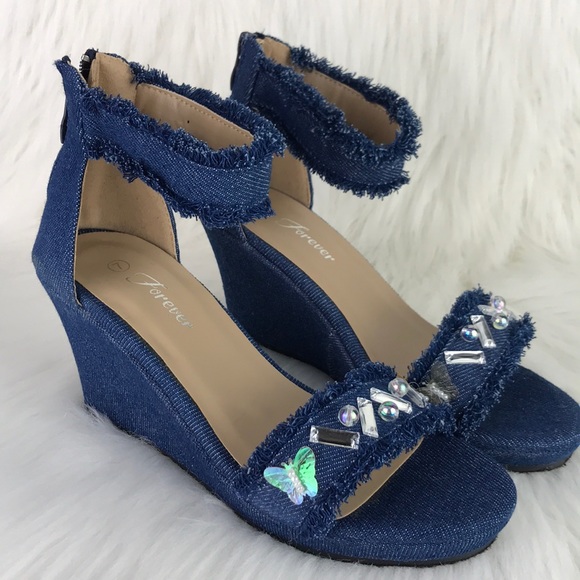 Fashion Denim Wedge Sandals - Picture 1 of 11